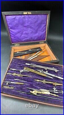 Antique Brass Part Set Compass Parallelogram Navigator Map Tools in Locking Case