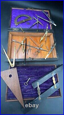 Antique Brass Part Set Compass Parallelogram Navigator Map Tools in Locking Case