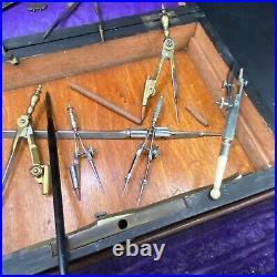 Antique Brass Part Set Compass Parallelogram Navigator Map Tools in Locking Case