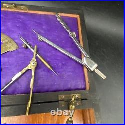 Antique Brass Part Set Compass Parallelogram Navigator Map Tools in Locking Case