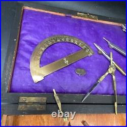 Antique Brass Part Set Compass Parallelogram Navigator Map Tools in Locking Case