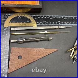 Antique Brass Part Set Compass Parallelogram Navigator Map Tools in Locking Case