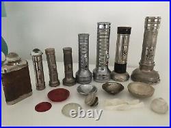 Collection of vintage torches all metal & some old spare torch parts