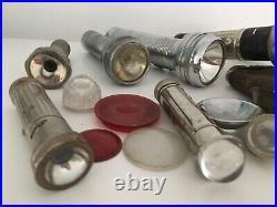 Collection of vintage torches all metal & some old spare torch parts