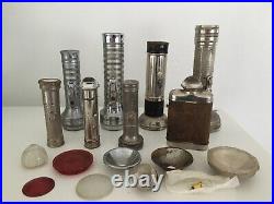 Collection of vintage torches all metal & some old spare torch parts