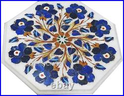 Octagon Marble Coffee Table Top Lapis Lazuli Stone Inlay Work Garden Side Table