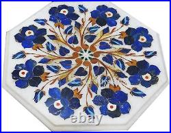 Octagon Marble Coffee Table Top Lapis Lazuli Stone Inlay Work Garden Side Table