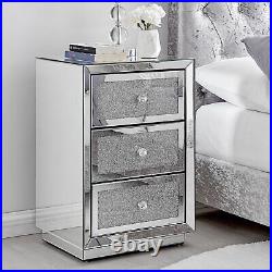 STELLA Mirrored Crushed Diamond Bedside Table Cabinet 3 Draws Bedroom Cabinet