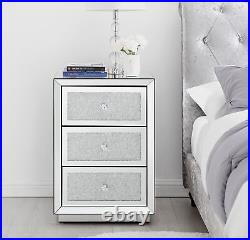 STELLA Mirrored Crushed Diamond Bedside Table Cabinet 3 Draws Bedroom Cabinet