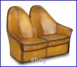 Sublime Fully Restored Art Modern Curved Back Brown Leather Sofa Part Of Suite