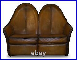 Sublime Fully Restored Art Modern Curved Back Brown Leather Sofa Part Of Suite