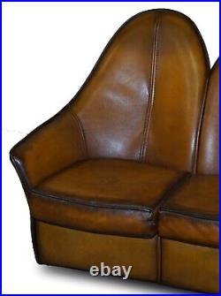 Sublime Fully Restored Art Modern Curved Back Brown Leather Sofa Part Of Suite