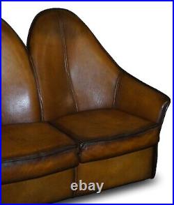 Sublime Fully Restored Art Modern Curved Back Brown Leather Sofa Part Of Suite