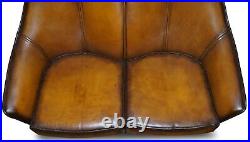 Sublime Fully Restored Art Modern Curved Back Brown Leather Sofa Part Of Suite