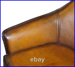 Sublime Fully Restored Art Modern Curved Back Brown Leather Sofa Part Of Suite