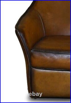 Sublime Fully Restored Art Modern Curved Back Brown Leather Sofa Part Of Suite