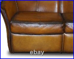 Sublime Fully Restored Art Modern Curved Back Brown Leather Sofa Part Of Suite